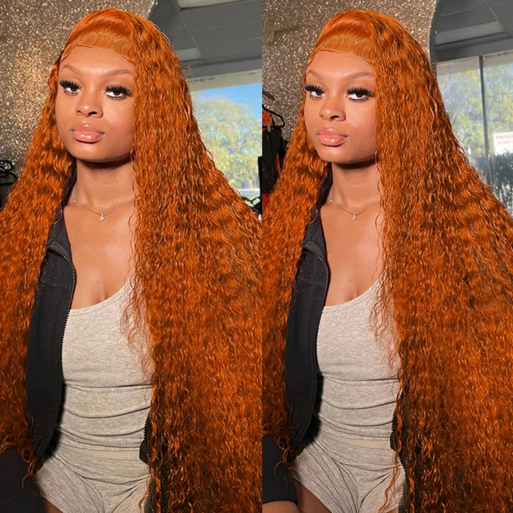 Ginger Orange 13x4 / 13x6 HD Lace Front Wig – 100% Brazilian Remy Human Hair, Deep Wave / Water Wave, Pre-Plucked with Baby Hair, Long 38 Inch