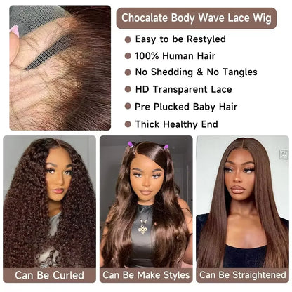 Chocolate Brown 13x6 HD Lace Front Wig – 100% Brazilian Remy Human Hair, 200% Density, Body Wave 46-Inch, Pre-Plucked with Baby Hair