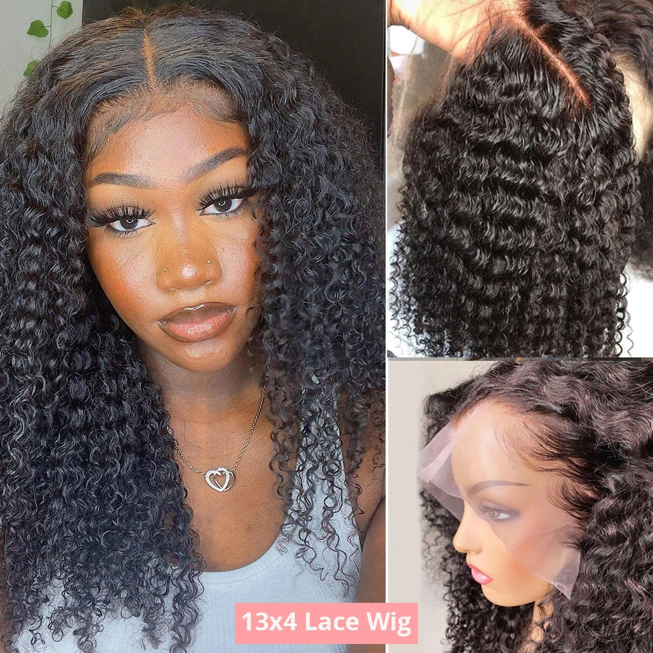 Natural Black 13x4 / 13x6 HD Lace Front Wig – 100% Brazilian Remy Human Hair, Deep Water Wave Curly Bob, 180–250% Density, Pre-Plucked with Baby Hair