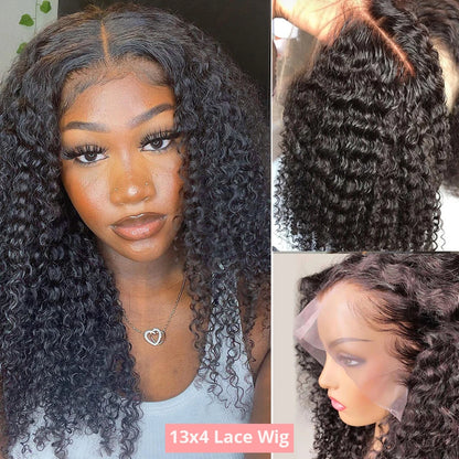 Natural Black 13x4 / 13x6 HD Lace Front Wig – 100% Brazilian Remy Human Hair, Deep Water Wave Curly Bob, 180–250% Density, Pre-Plucked with Baby Hair
