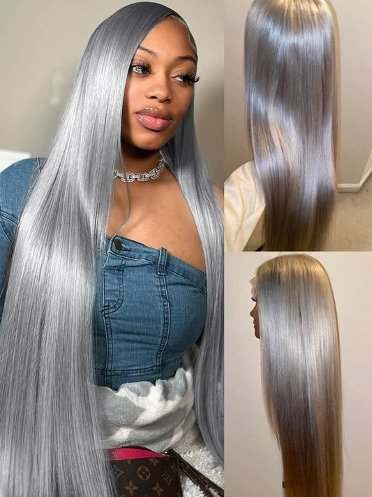 Silver Grey 13x6 HD Lace Front Wig – 100% Vietnamese Remy Human Hair, 220% Density, Straight 38-Inch, Pre-Plucked with Baby Hairline