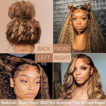 360° Highlight Deep Wave HD Lace Wig – 100% Brazilian Virgin Human Hair, 13x4 Full Lace Frontal, Honey Blonde 4/27, 250% Density, Pre-Plucked & Glueless Drawstring Wig