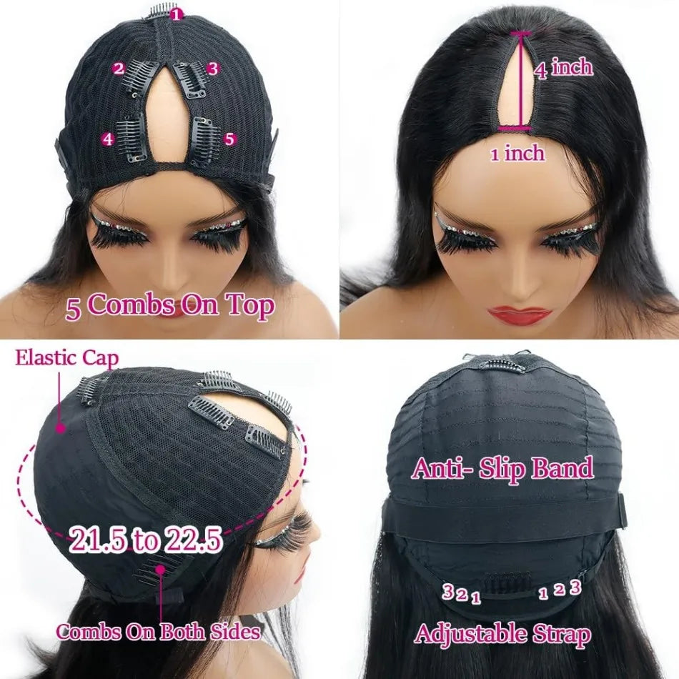 Curly V Part Wig – 30 Inch Deep Wave, Glueless No Leave Out, Brazilian Human Hair, 180%-220% Density, Natural Color