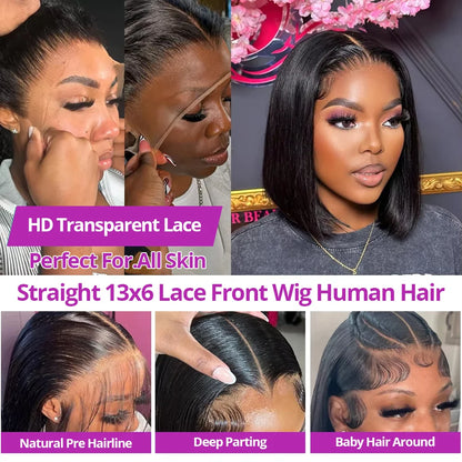 Short Bob 13x6 HD Lace Frontal Wig – 100% Brazilian Remy Human Hair, Bone Straight, Glueless & Pre-Cut 7x5 Closure, Ready to Wear