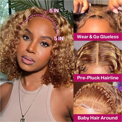 Honey Blonde Highlight Bob Wig – 100% Brazilian Human Hair, 5x5 HD Lace Closure, Curly Deep Wave, Glueless Pre-Cut Wig, Ombre P4/27, 200% Density