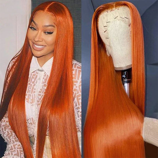 30 Inch Straight Orange Ginger Lace Front Wig – 13x6 HD Transparent Lace, 100% Brazilian Remy Human Hair, Pre-Plucked Natural Look