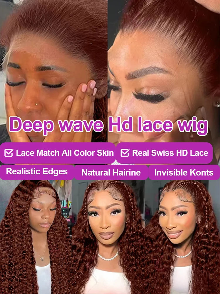 Chocolate Brown 13x4 / 13x6 HD Lace Front Wig – 100% Brazilian Remy Human Hair, Deep Curly / Water Wave, Pre-Plucked with Baby Hair, Long 30–36 Inch