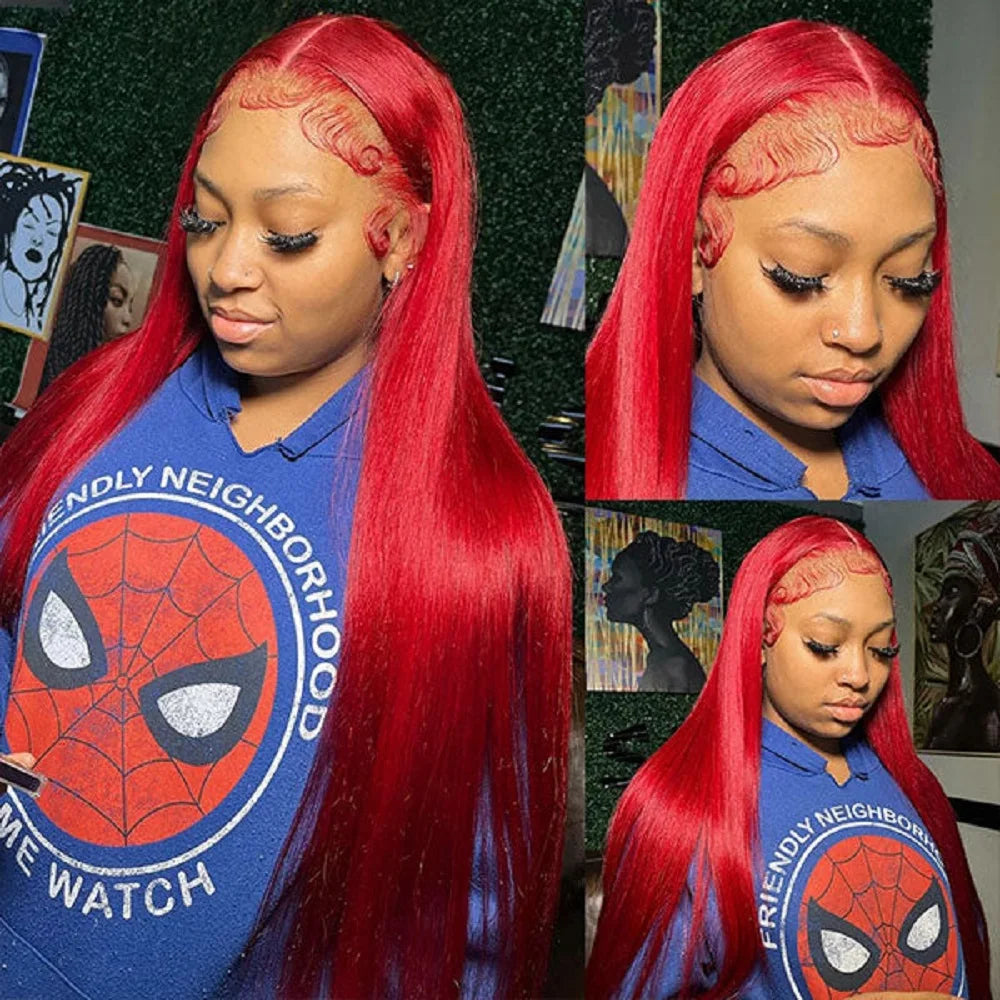Hot Red 13x4 HD Lace Front Wig – 100% Brazilian Remy Human Hair, Bone Straight, 99J Burgundy Color, Pre-Plucked with Baby Hair, Long 26-Inch+