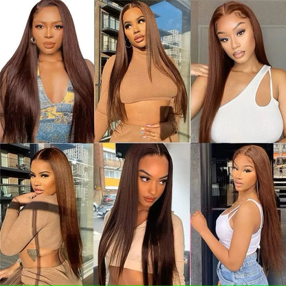 Chocolate Brown 13x4 / 13x6 HD Lace Front Wig – 100% European Remy Human Hair, Bone Straight, Transparent Lace, Pre-Plucked with Baby Hair, 200% Density, Long 26–46 Inch