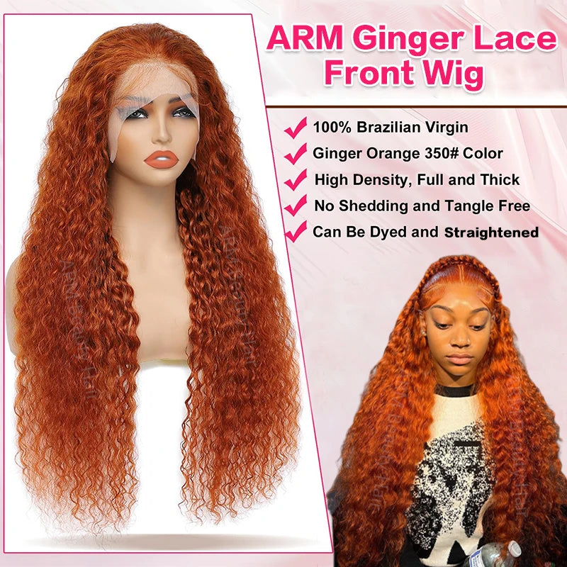 Ginger Orange #350 13x4 / 13x6 HD Lace Front Wig – 100% Peruvian Remy Human Hair, Water Wave / Deep Curly, Pre-Plucked with Baby Hair, Long 26+ Inch