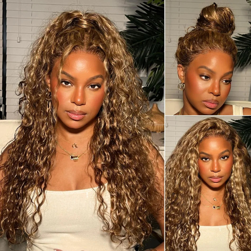 360° Highlight Deep Wave HD Lace Wig – 100% Brazilian Virgin Human Hair, 13x4 Full Lace Frontal, Honey Blonde 4/27, 250% Density, Pre-Plucked & Glueless Drawstring Wig