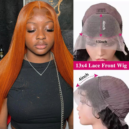 30 Inch Straight Orange Ginger Lace Front Wig – 13x6 HD Transparent Lace, 100% Brazilian Remy Human Hair, Pre-Plucked Natural Look