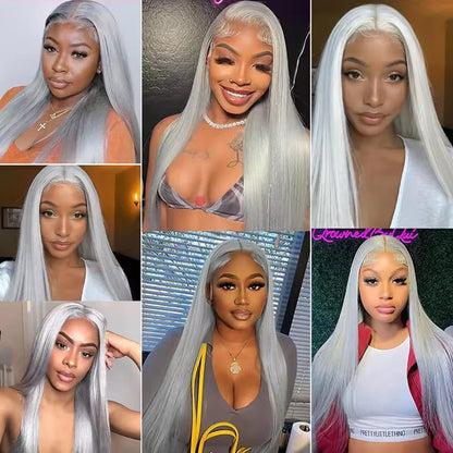 Silver Grey 13x6 HD Lace Front Wig – 100% Brazilian Remy Human Hair, 250% Density, Straight, 30–40 Inch Long, Pre-Plucked Natural Hairline
