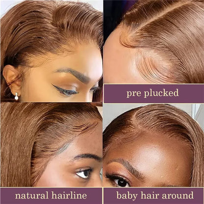 Chocolate Brown 13x4 HD Lace Front Bob Wig – 100% Brazilian Remy Human Hair, Bone Straight, Full Frontal, Pre-Plucked with Baby Hair, 220% Density