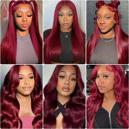 28–36 Inch Burgundy 99J HD Lace Front Wig – 100% Brazilian Remy Human Hair, Bone Straight, 13x6 Transparent Lace, 180–200% Density, Pre-Plucked with Baby Hair
