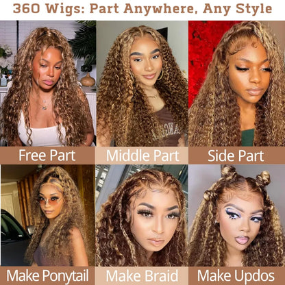 360° Highlight Deep Wave HD Lace Wig – 100% Brazilian Virgin Human Hair, 13x4 Full Lace Frontal, Honey Blonde 4/27, 250% Density, Pre-Plucked & Glueless Drawstring Wig