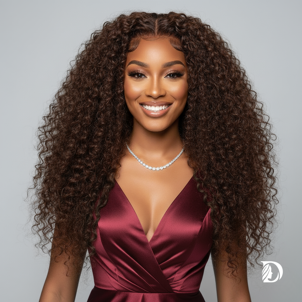 Chocolate Brown Curly Wig – 13x4 & 13x6 HD Lace Front, Brazilian Human Hair, Pre-Plucked with Baby Hair, 200% Density